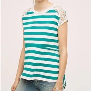 Anthropologie | Little Yellow Button Size XS Green Striped Top Crochet Lace Tee